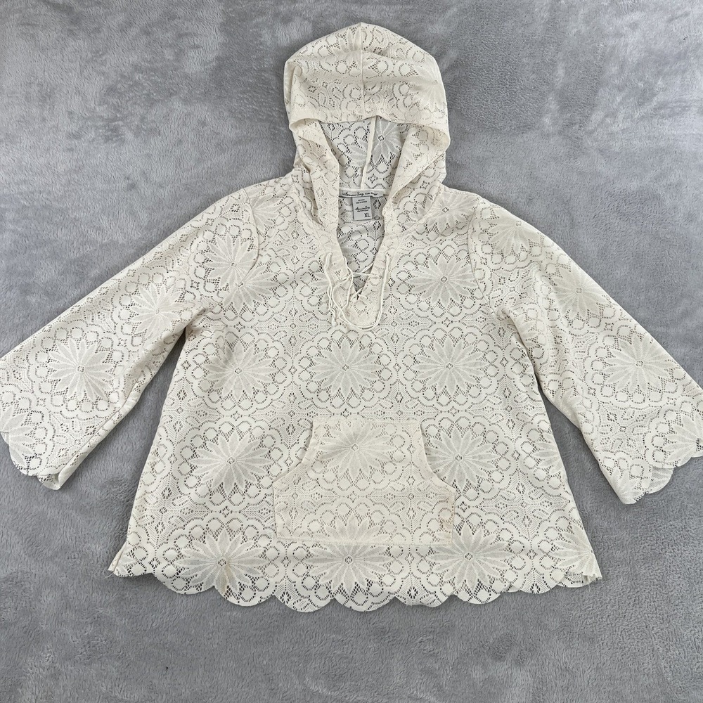 American Rag Cie Floral Lace Hoodie XL Cream Women Boho Festival Beach Cover Up